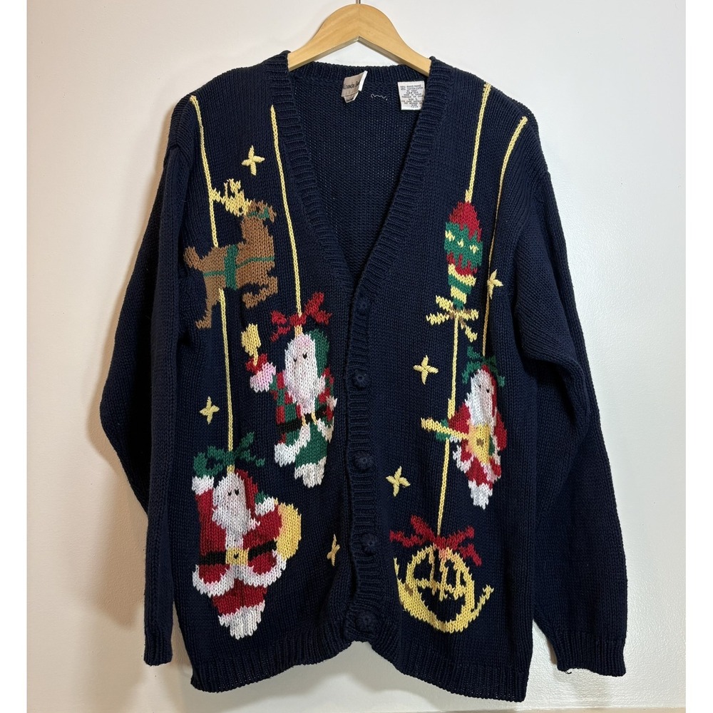 Alexandra Bartlett Vintage Navy Christmas Cardigan Santa Reindeer L Hand Made